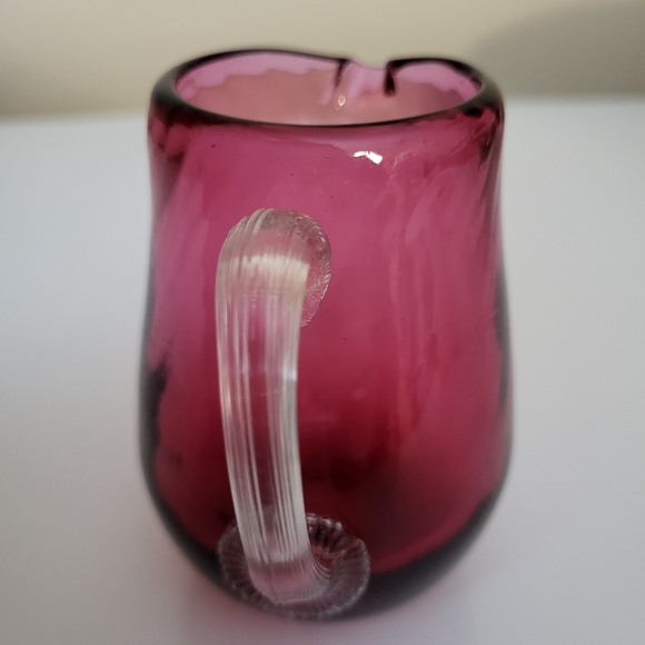 Vintage Small Cranberry Optic Blown Glass Pitcher with Applied Clear Handle - Picture 4 of 15